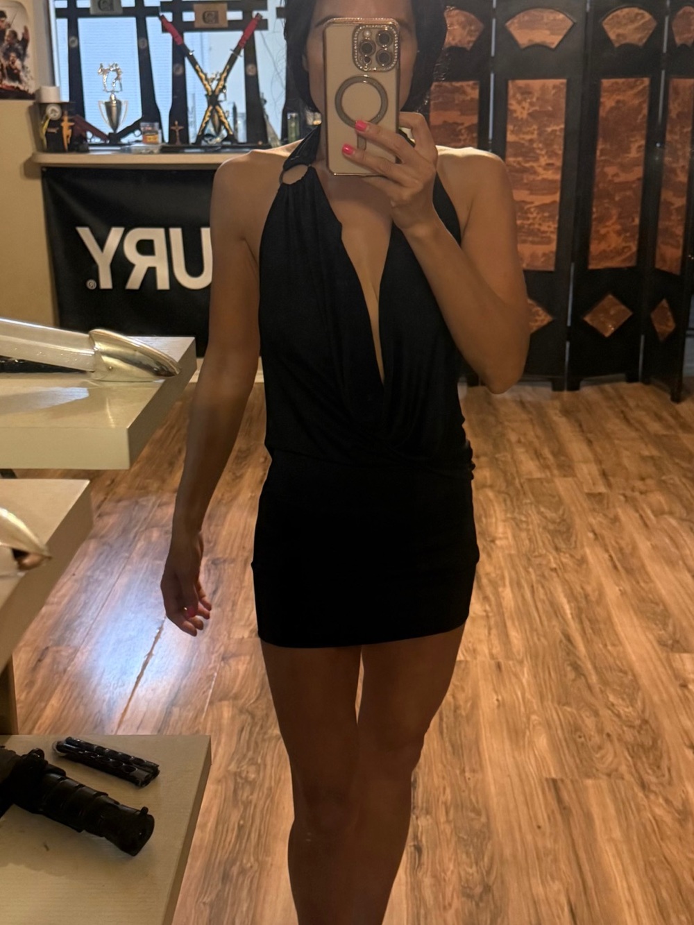 Black Halter Plunge Mini Dress